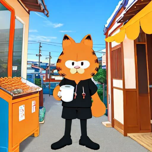 masterpiece-anatomy-perfect, best quality, vibrant, pastel, kawaii, cute, wholesome, 1boy, otoko no ko, necoarc, human, :3, garfield, cat boy, slit pupils, cat ears, orange hair, black eyes, eyeliner, chibi, solo, hoodie, long sleeves, long shorts, pantyhose, crocs, green backpack, sitting, bench, holding cup of coffee, looking towards viewer, morning, clear blue sky, no animals, landscape is near a newspaper stand in the heart of Seoul, South Korea