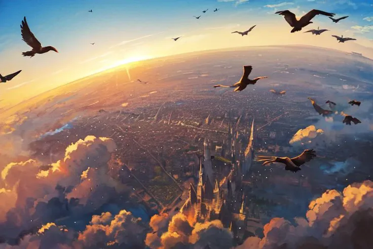 nsfw, (masterpiece:1.4), 4K8K, (anime style), (high shutterspeed:1.1), (sharp edges),
watercolor painting style of crows flying sky,
pov from looling up for sky, flying, crows,
A flock of crows covering the sky,
City at Sunset from below