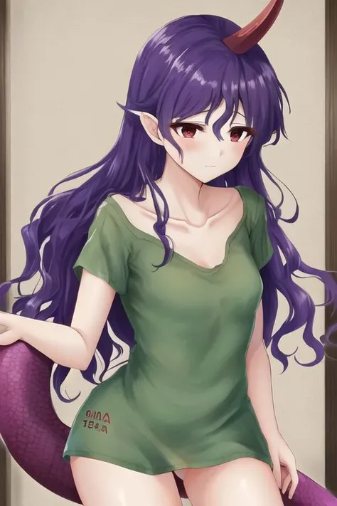 1girl, masterpiece, best quality, chiyari tenkajin, shirt, collarbone, oversized green shirt, pantless, thighs, red eyes, mature woman, petite, skinny, small breasts, disheveled, <lora:chiyari_tenkajin-07:1>
