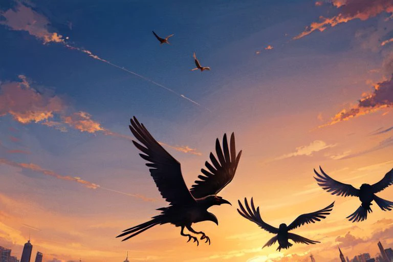 nsfw, (masterpiece:1.4), 4K8K, (anime style), (high shutterspeed:1.1), (sharp edges),
watercolor painting style of crows flying sky,
pov from looling up for sky, flying, crows,
A flock of crows covering the sky,
City at Sunset from below