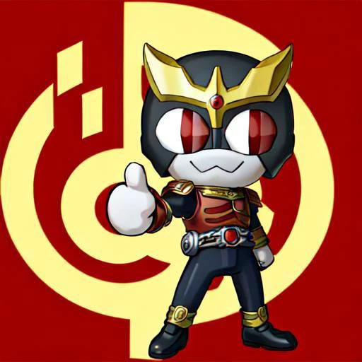 masterpiece-anatomy-perfect, best quality, 2-D, anime, avatar, vibrant, necoarc, KuugaMighty, anklet,horns,red armor, rider belt, gloves,red eyes,bodysuit,helmet,armor,belt, 1boy, solo, thumbs up, slit pupils, cat ears, blonde hair, red eyes, chibi, :3