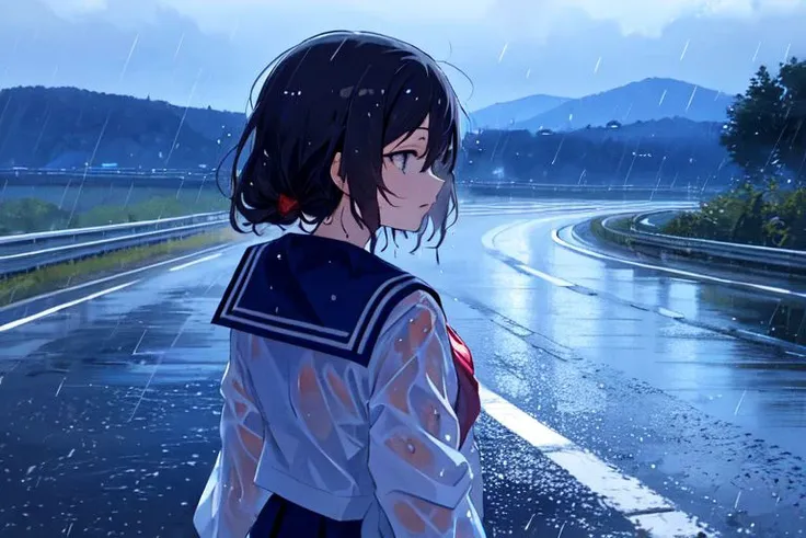 (masterpiece:1.4), 4K8K, (anime style), (high shutterspeed:1.1), (sharp edges),
phblue, scenery, blue theme,
Sailor girl in sailor uniform in the rain, wet
Road in the Japanese countryside, from behind,
(looking away:1.3), cowboy shot,
(Detailed face, Detailed eyes),