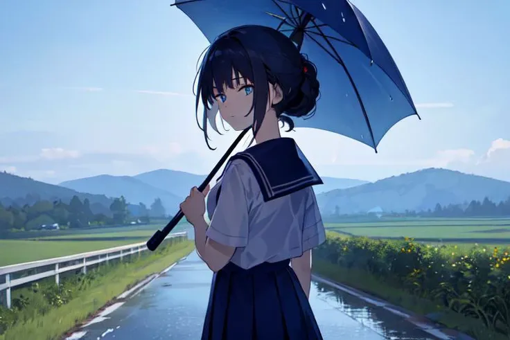 (masterpiece:1.4), 4K8K, (anime style), (high shutterspeed:1.1), (sharp edges),
phblue, scenery, blue theme,
Sailor girl in sailor uniform holding an umbrella in the rain
Road in the Japanese countryside, from behind,
looking away, cowboy shot,
(Detailed face, Detailed eyes),