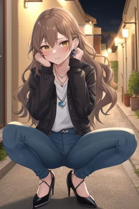 <lora:xl-test1-epoch-000090:1> 1girl, solo, squatting, wetting self, skinny pants, heels, necklace, earrings, brown wavy hair, outdoors, alley, relieved, torogao, (night, dark, dimly lit:1.1), masterpiece, best quality