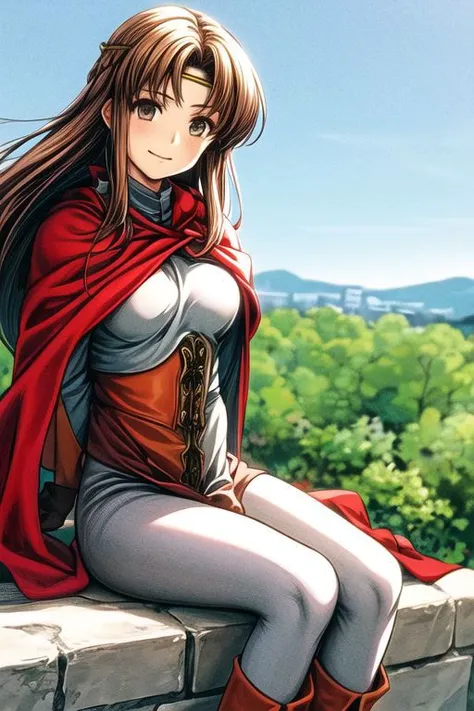 Odessa, masterpiece, anime screencap, 1 girl, solo, brown hair, long hair, smile, circlet, pants, cape, armor, sitting, closeup, hand on hair, hair on wind, full body, outdoors, cliff