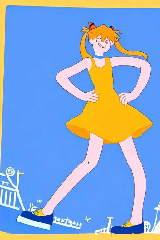 corpoart, noodly arms, Noodly legs, Noodle limbs, close up, solo, 1girl, souryuu asuka langley, interface headset, blue choker, yellow dress, red footwear, confident grin, standing, hands on hips, facing towards viewer, daytime, sunny day, perfect clear blue sky, landscape is at a naval dock, flat colors