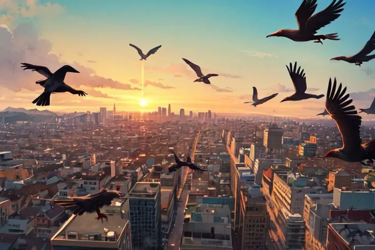 nsfw, (masterpiece:1.4), 4K8K, (anime style), (high shutterspeed:1.1), (sharp edges),
watercolor painting style of crows flying sky,
pov from looling up for sky, flying, crows,
A flock of crows covering the sky,
City at Sunset from below