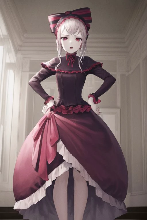 1girl, masterpiece, best quality, ShalltearV4, 1girl, solo, dress, hair bow, pale skin, fang, hair ornaments, frills, stripped bow, long dress, bow, frilled dress, cowboy shot, sitting, indoors, bed, candle in banground, light, dark ambient, dark atmosphere, mansion, hands on hips, nigh