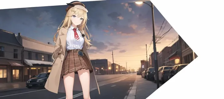 masterpiece, best quality, ultra-detailed, illustration,perfect anatomy, 1girl,full body,solo,<lora:ameliaWatsonHololive_v1:0.8>,excellent anatomy,(((arm behind back))) ,hair ornament, detailed clothes, detailed shirt,(white shirt), red necktie, plaid skirt, high-waist skirt, coat,brown coat, deerstalker, detective, stethoscope, boots,long boots ,(pocket watch), black footwear, seductive smile, medium breasts, <lora:standingFullBodyWithBackgroundStyle_v10Offset:1>,(panorama:1.2),night,town,small town,street ,(white background:1.5)
