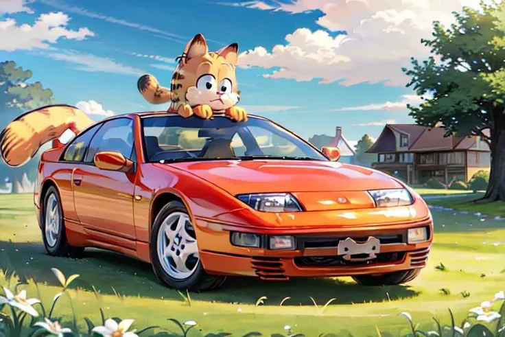 masterpiece, best quality, vibrant, cute, kawaii, garfield, cat ears, cat tail, orange fur, striped, striped tail, 1cat, hoodie, icepop in mouth, sitting next to tree, Nissan 300zx, orange, parked, 1car, landscape is a grassy parking spot near the Bliss Wallpaper of Windows XP, clear blue sky, sunny day, summer, no humans