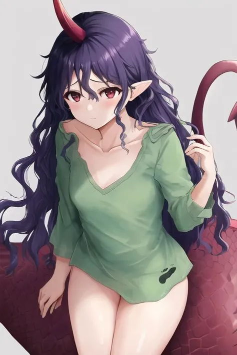 1girl, masterpiece, best quality, chiyari tenkajin, long thick messy hair, collarbone, oversized green shirt, pantless, thighs, red eyes, mature woman, petite, skinny, small breasts, disheveled, <lora:chiyari_tenkajin-07:1>, dirty, forest