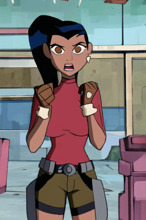 arms up, elbow squeeze, breasts squeezed together, lactation, projectile lactation, lactation into cup, 1girl ,solo, black hair,pony tail, red shirt, brown eyes, brown gloves,jewelry, ponytail, sidelocks, earrings, belt,brown shorts, dark skin, dark-skinned female, turtleneck