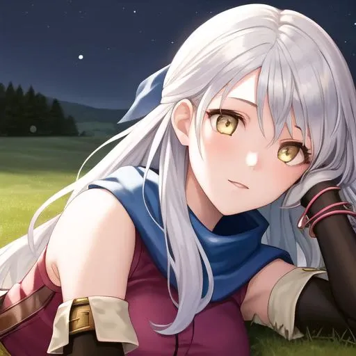 masterpiece,best quality, 1girl,solo,beautiful face, (close up:1), black short hair, side profile, nature,backlinghting, bokeh,depth of field,
, masterpiece,best quality,1girl,ultra high detailed face,landscape,fantasy,adventurer, lying on the grass with the night sky in the background, clear yellow eyes, ((white hair)), visible face, <lora:fireemblem_micaiah-10:1>, micaiah \(fire emblem\), hair ribbon, sleeveless dress, pantyhose, elbow gloves, jewelry, bracelet, scarf, belt