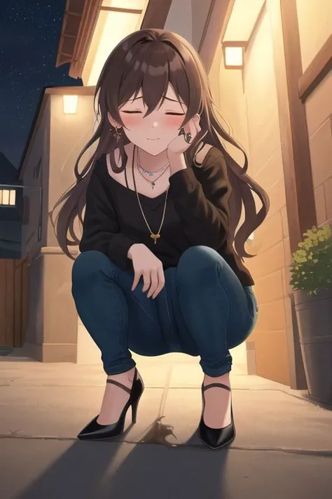 <lora:xl-test1-epoch-000090:1> 1girl, solo, squatting, wetting self, skinny pants, heels, necklace, earrings, closed eyes, brown wavy hair, outdoors, alley, relieved, torogao, (night, dark, dimly lit:1.1), masterpiece, best quality