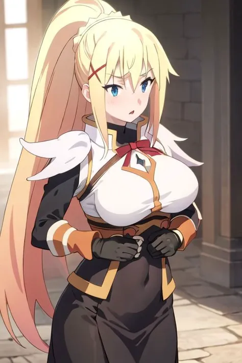 close up,((torn clothes)),torn, fantasy00d, outdoors, front view, top view,{lalatina_dustiness_ford_konosuba}, blonde_hair, long_hair, hair_ornament, x_hair_ornament, ponytail, blue_eyes, parody, open_mouth, 1girl, large breasts, tight clothes, armor, holding, holding_sword, holding_weapon, sword, weapon, gloves, cowboy shot, intricate iris, Beautiful Finger, Beautiful body, Beautiful character design, perfect eyes, perfect face, expressive eyes, perfect balance, official art, extremely detailed CG unity 8k wallpaper, perfect lighting, Colorful, Bright_Front_face_Lighting, (masterpiece:1.0),(best_quality:1.0), ultra high res,4K,ultra-detailed, photography, 8K, HDR, highres, absurdres:1.2, Kodak portra 400, blurry background, bokeh, lens flare, (vibrant_color:1.2), professional photograph, (beautiful_face:1.2), 2d, anime,