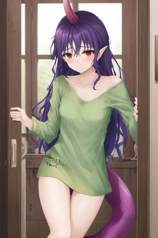 1girl, masterpiece, best quality, chiyari tenkajin, shirt, collarbone, oversized green shirt, pantless, thighs, red eyes, mature woman, petite, skinny, small breasts, disheveled, <lora:chiyari_tenkajin-07:1>, dirty, forest