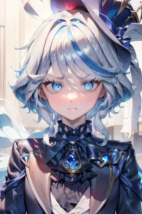 (Masterpiece, best quality, perfect face, perfect eyes, detailed eyes), closeup, Furina, blue eyes, hair between eyes, white hair, blue hair, multicolored hair, long hair, streaked hair, hat, blue headwear, jacket, gloves, black gloves, white gloves, mismatched gloves, (AGGA_ST012, disdainful eyes:1.3), slight pout, AGGA_ST002, bright pupils