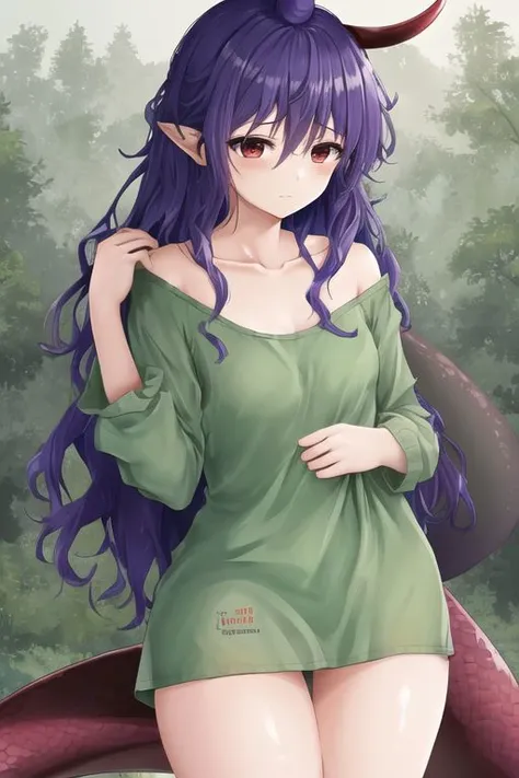 1girl, masterpiece, best quality, chiyari tenkajin, long thick messy hair, collarbone, oversized green shirt, pantless, thighs, red eyes, mature woman, petite, skinny, small breasts, disheveled, <lora:chiyari_tenkajin-07:1>, dirty, forest