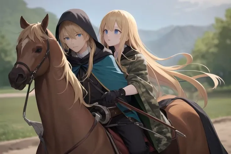 (masterpiece:1.4), 4K8K, (anime style), (high shutterspeed:1.1), (sharp edges),
mf twosome,
(a couple on a horseback riding together:1.3), looking away, (Detailed face, etailed eyes),
in the waildness,
(young-man is Asian, wearing Camouflage jacket, black pixie cut, brown eyes, edge up eyes:1.2),
(Western beauty girl cling to men from behind, wearing dark green cloak, blond long hair, blue eyes:1.2),