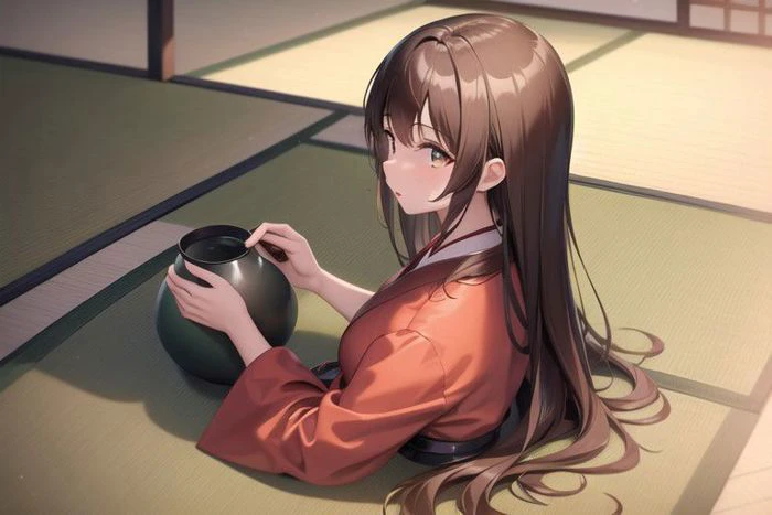 (masterpiece), 4K8K,
(illustrations), (high shutterspeed:1.5), (sharp edges),
1girl, about 20 years old, University student,
(looking away,look to smartphone:1.4), (sitting to Seiza:1.3)
brown eyes, Droping eyes with Round eyes, mole under the eye,
((deep brown hair:1.2), long hair),
medium breasts,Height 162cm,
wearing MIKO uniform, (red hakama),
(Seiza on the Tatami-floor in the Japanese Tea Room),(deep green yunomi),
(from side:1.4),