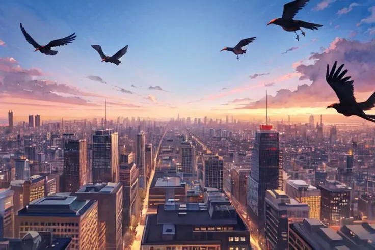 nsfw, (masterpiece:1.4), 4K8K, (anime style), (high shutterspeed:1.1), (sharp edges),
watercolor painting style of crows flying sky,
pov from looling up for sky, flying, crows,
A flock of crows covering the sky,
City at Sunset from below