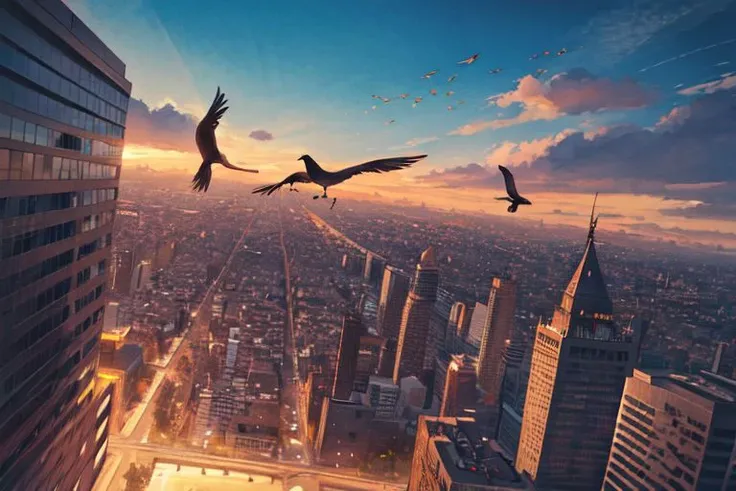 nsfw, (masterpiece:1.4), 4K8K, (anime style), (high shutterspeed:1.1), (sharp edges),
watercolor painting style of crows flying sky,
pov from looling up for sky, flying, crows,
A flock of crows covering the sky,
City at Sunset from below