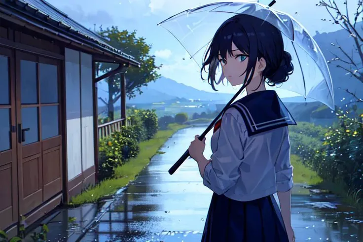 (masterpiece:1.4), 4K8K, (anime style), (high shutterspeed:1.1), (sharp edges),
phblue, scenery, blue theme,
Sailor girl in sailor uniform holding an umbrella in the rain
Road in the Japanese countryside, from behind,
looking away, cowboy shot,
(Detailed face, Detailed eyes),