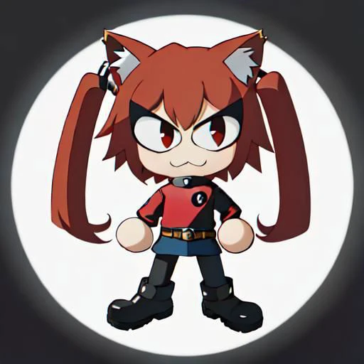 masterpiece-anatomy-perfect, best quality, 2-D, anime, avatar, vibrant, kawaii, cute, DeadpoolStyle, 1girl, cat ears, red hair, red turtleneck, long sleeves, black skirt, pantyhose, black belt, holster, black boots, necoarc, :3, chibi, solo, twin katanas on back, twin pistols in holsters