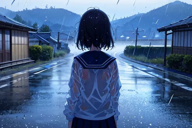 (masterpiece:1.4), 4K8K, (anime style), (high shutterspeed:1.1), (sharp edges),
phblue, scenery, blue theme,
Sailor girl in sailor uniform in the rain, wet
Road in the Japanese countryside, from behind,
(looking away:1.3), cowboy shot,
(Detailed face, Detailed eyes),