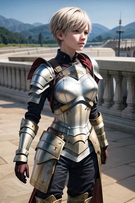 MelindadeCameron, 1girl, solo, boyish short hair, brown hair, brown eyes, armor, gauntlets, breastplate, greaves