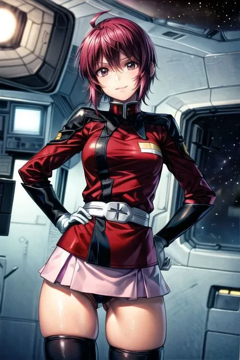 masterpiece,best quality,1girl,mature female,Lunamaria Hawke,short hair,ahoge,red hair,purple eyes,purple hair,pink skirt,military uniform,black thighhighs,long sleeves,thick thighs,smile,standing,spacecraft interior,science fiction,outer space,hands on hips,cowboy shot,dutch angle,<lora:Concept-control tool-add_detail-CyberAIchemist:0.8>,<lora:lunamaria_hawke_v10:0.7>,