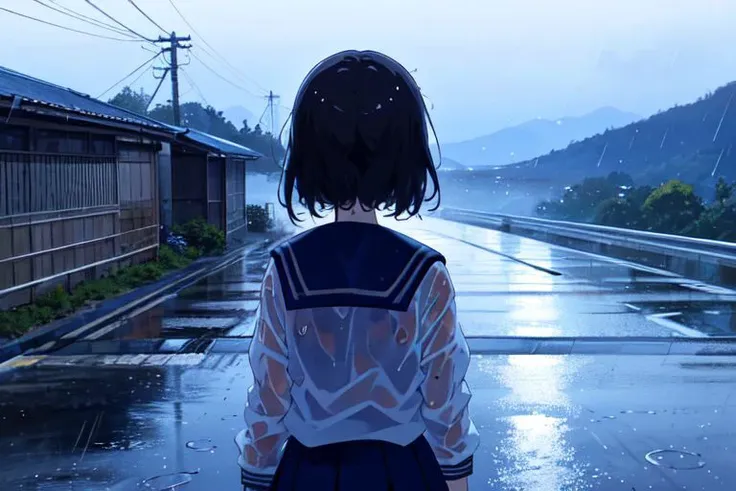 (masterpiece:1.4), 4K8K, (anime style), (high shutterspeed:1.1), (sharp edges),
phblue, scenery, blue theme,
Sailor girl in sailor uniform in the rain, wet
Road in the Japanese countryside, from behind,
(looking away:1.3), cowboy shot,
(Detailed face, Detailed eyes),