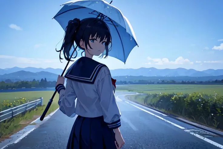 (masterpiece:1.4), 4K8K, (anime style), (high shutterspeed:1.1), (sharp edges),
phblue, scenery, blue theme,
Sailor girl in sailor uniform holding an umbrella in the rain
Road in the Japanese countryside, from behind,
looking away, cowboy shot,
(Detailed face, Detailed eyes),