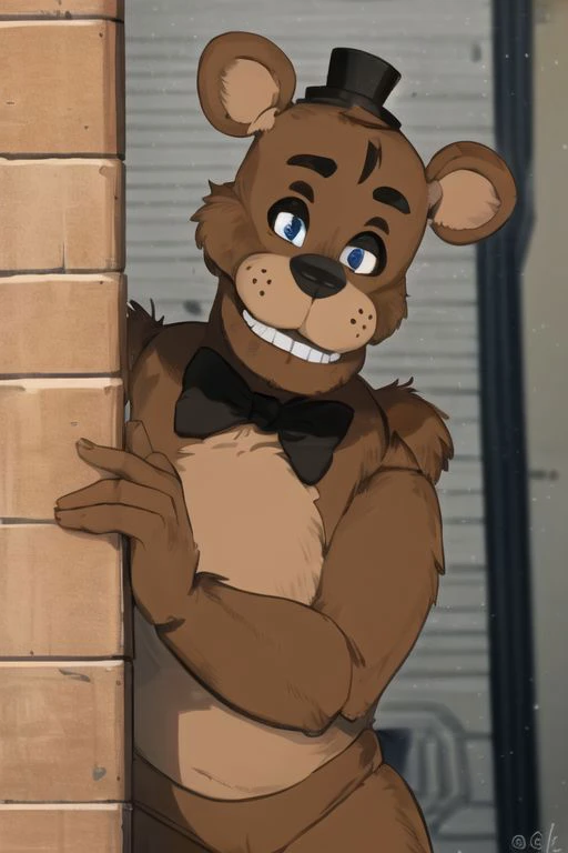 freddy, brown fur,, peeking out upper body