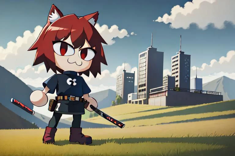 masterpiece-anatomy-perfect, 2-D, anime, best quality, vibrant, kawaii, cute, DeadpoolStyle, 1girl, cat ears, red hair, red turtleneck, long sleeves, black skirt, pantyhose, black belt, holster, black boots, necoarc, :3, chibi, solo, twin katanas on back, wielding twin pistols, photo bomb, landscape is the Bliss wallpaper of Windows xp