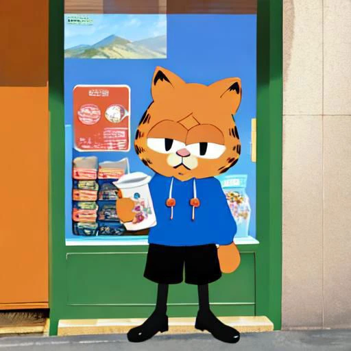 masterpiece-anatomy-perfect, best quality, vibrant, pastel, kawaii, cute, wholesome, 1boy, otoko no ko, necoarc, human, :3, garfield, cat boy, slit pupils, cat ears, orange hair, black eyes, eyeliner, chibi, solo, hoodie, long sleeves, long shorts, pantyhose, crocs, green backpack, sitting, bench, holding cup of coffee, looking towards viewer, morning, clear blue sky, no animals, landscape is near a newspaper stand in the heart of Seoul, South Korea