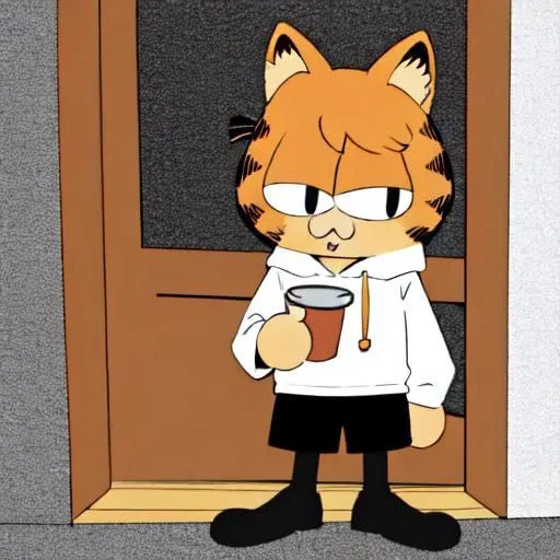 masterpiece-anatomy-perfect, best quality, vibrant, pastel, kawaii, cute, wholesome, 1boy, otoko no ko, necoarc, human, :3, garfield, cat boy, slit pupils, cat ears, orange hair, black eyes, eyeliner, chibi, solo, hoodie, long sleeves, long shorts, pantyhose, crocs, green backpack, sitting, bench, holding cup of coffee, looking towards viewer, morning, clear blue sky, no animals, landscape is near a newspaper stand in the heart of Seoul, South Korea