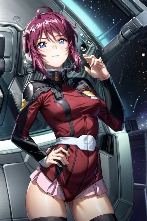 masterpiece, best quality, highres, masterpiece,best quality,1girl,mature female,Lunamaria Hawke,short hair,ahoge,red hair,purple eyes,purple hair,pink skirt,military uniform,black thighhighs,long sleeves,thick thighs,smile,standing,spacecraft interior,science fiction,outer space,hands on hips,cowboy shot,dutch angle,<lora:Concept-control tool-add_detail-CyberAIchemist:0.8>,<lora:lunamaria_hawke_v10:0.7>,
,intricate eyes,beautiful detailed eyes, (symmetrical eyes,big eyes:1.5,(masterpiece:1.1), (best quality:1.1), 1girl, Real light and shadow, anime face, 4k, 8k, wallpaper,epic, detail texture, purple hair, (blue eyes:1.5), ((((purple hair:1.35, medium hair)))),(detailed body,(detailed face)), outdoors, standing, smile, cowboy shot, ,(ultra detailed,extremely detailed),(photorealistic artwork:1.37),(extremely detailed CG unity 8k wallpaper),(((vibrant colors,vibrant theme))),(intricate),(masterpiece),(best quality),, ng_deepnegative_v1_75t, easynegative
