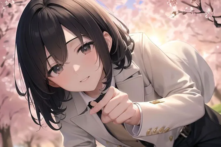 (masterpiece), 4K8K,
(illustrations), (high shutterspeed:1.5), (sharp edges),
(young man:1.3), 23 years old, Former crown prince of Japan,
dignified, (kindly:0.7),
Detailed chocholate eyes, (Detailed short straight hair, (noir hair:1.2)),
Height 178cm,
(wearing white dress shirt on beige trenchcoat and black trousers:1.2),
(in the Park with Sakura fluttering in the air at sunrise:1.3), (from below:1.4),