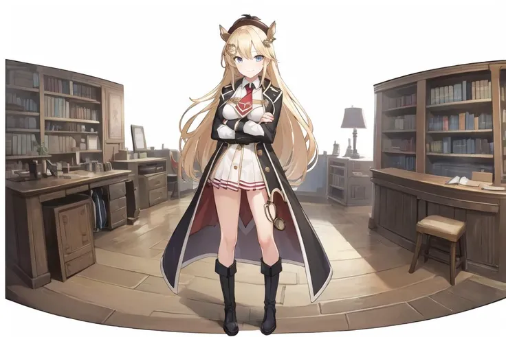 masterpiece, best quality, ultra-detailed, illustration,perfect anatomy, <lora:standingFullBodyWithBackgroundStyle_v10Offset:1>,(panorama:1.6), (white background:1.2),(study room),(bookshelves),(floor lamp),(closets),1girl, solo, <lora:ameliaWatsonHololive_v1:0.8>,excellent anatomy,(((arms crossed))) ,hair ornament, detailed clothes, shirt,white shirt, red necktie, plaid skirt, high-waist skirt, coat,brown coat, deerstalker, detective, stethoscope, boots,long boots ,pocket watch, black footwear, seductive smile, medium breasts