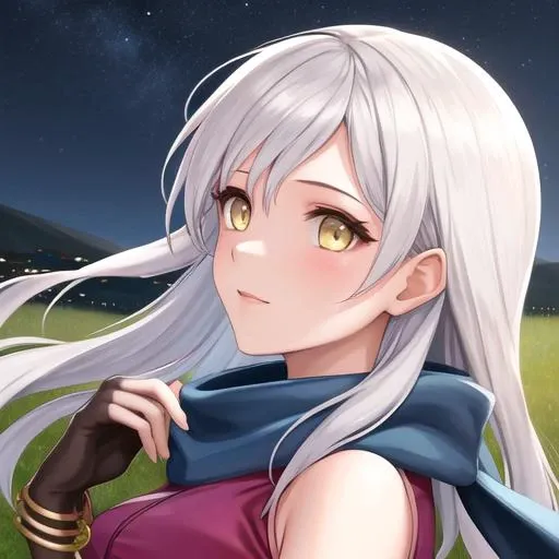 masterpiece,best quality, 1girl,solo,beautiful face, (close up:1), black short hair, side profile, nature,backlinghting, bokeh,depth of field,
, masterpiece,best quality,1girl,ultra high detailed face,landscape,fantasy,adventurer, lying on the grass with the night sky in the background, clear yellow eyes,  ((white hair)), visible face, <lora:fireemblem_micaiah-10:1>, micaiah \(fire emblem\), hair ribbon, sleeveless dress, pantyhose, elbow gloves, jewelry, bracelet, scarf, belt