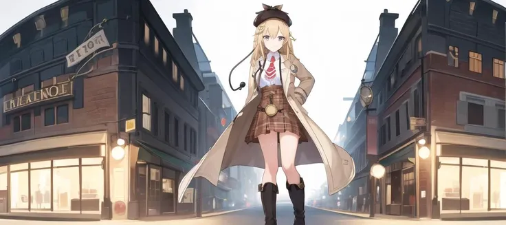 masterpiece, best quality, ultra-detailed, illustration,perfect anatomy, 1girl,full body,solo,<lora:ameliaWatsonHololive_v1:0.8>,excellent anatomy,(((arm behind back))) ,hair ornament, detailed clothes, detailed shirt,(white shirt), red necktie, plaid skirt, high-waist skirt, coat,brown coat, deerstalker, detective, stethoscope, boots,long boots ,(pocket watch), black footwear, seductive smile, medium breasts, <lora:standingFullBodyWithBackgroundStyle_v10Offset:1>,(panorama:1.2),night,town,small town,street ,(white background:1.5)