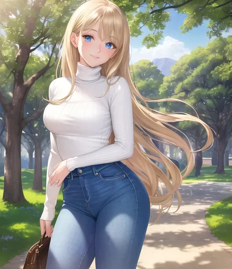 masterpiece, best quality, ultra-detailed, beautiful lighting, Woman,  tight jeans, blonde hair, (blue eyes:1.3), (white sweater:1.2), turtleneck, standing up, in park, beautiful scenery, slight blush, smiling, (cute smile:1,1), (glossy lips:1.1), (beautiful eyes:1.1), wonderful backround, closed mouth, arms_behind_back,