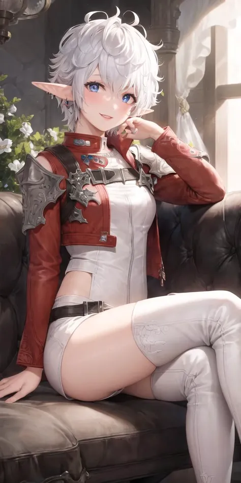 (masterpiece:1.2, best quality), (real picture, intricate details), alisaie, (alisaie leveilleur (final fantasy)), 1girl, <lora:AlisaieLeveilleurFinalFantasy6:0.8>, elf ears, red jacket, thigh boots, white shorts, fit female, realism, Detailed, intricate, sharp focus, Ultra-detailed, detailed pupils, puffy lips, skindentation, (intricate detail), (Soft Lighting), brilliant smile, white hair, (sitting with legs crossed),