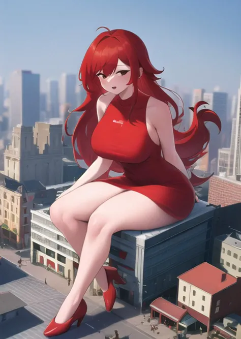 high res, best quality, 1girl, girlfriend, red hair, red dress, GTScity, giantess, city, buildings, Sitting on Building, perfect hand, <lora:FNFGirlfriend:0.8> ,<lora:GTSv5:0.9>