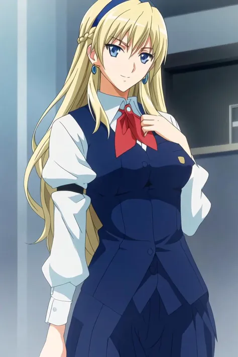 safe_pos, in school, (on hand on waist, bangs,blonde hair,hair between eyes, hairband, long hair,Blue_Eyes, blue vest, red necktie, school uniform, long side lock, ear behind hair, baton earrings, pantyhose) 1girl, best quality, cowboy shot, seductive smile, tony taka, Overall Detail, (slim, contrapposto, standing, blue jewel round necklace, looking at viewer, young-adult), medium breast, tony taka, negative hand, Fix hand, open hand, 