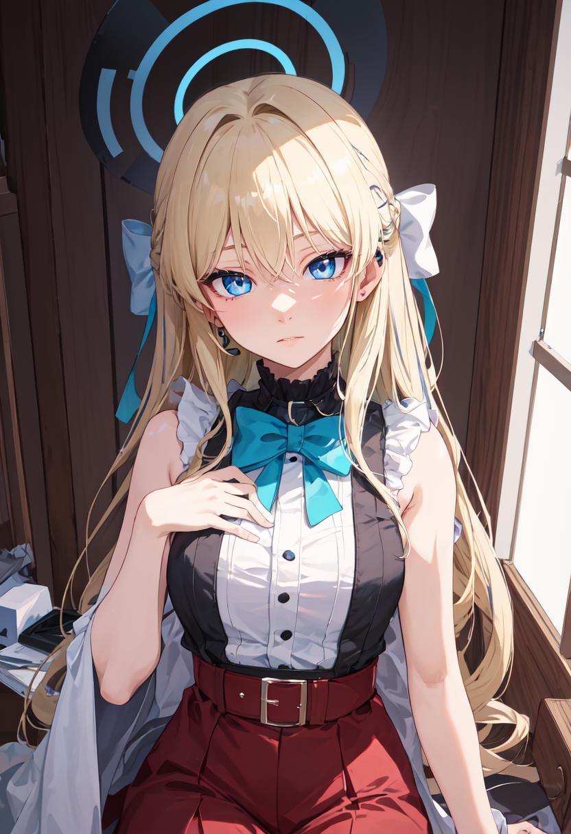 Anime girl with long blonde hair and blue eyes sitting on a bench ...