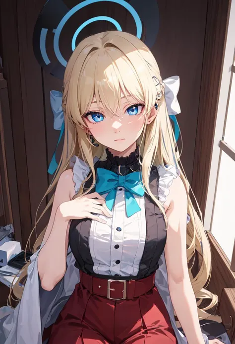 Anime girl with long blonde hair and blue eyes sitting on a bench ...