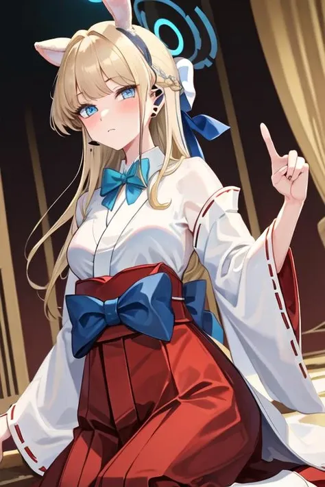 best quality, masterpiece, highres, solo, {white kimono:1.35}, {red hakama:1.35}, {wide sleeves:1.20}, {toki_bluearchive:1.15}, blonde_hair, blue_eyes, bangs, bow, halo, blue_bow, bowtie, blue_bowtie, braid, breasts, long_hair, closed_mouth, animal_ears, fake_animal_ears, rabbit_ears, blush, v, earpiece