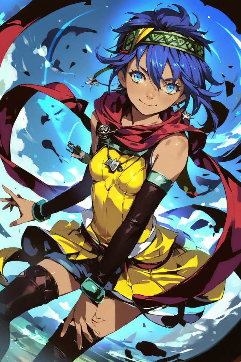 score_9, score_8_up, score_7_up, score_6_up, score_5_up, source anime, BREAK, (cowboy shot), <lora:FeriAlFayedKai:0.9> , Feri Al-Fayed, blue eyes, blue hair, short hair, dark-skinned female, small breasts, headband, single earring, pendant, yellow dress, red shawl, detached sleeves, bracelet, asymmetrical legwear, sandals, warm smile, <lora:hand 4:0.6> , Hand, hands, perfect hands, <lora:Concept Art Eclipse Style LoRA_Pony XL v6:1> , realistic, <lora:Cool_Rance_XL_V2:0.5>